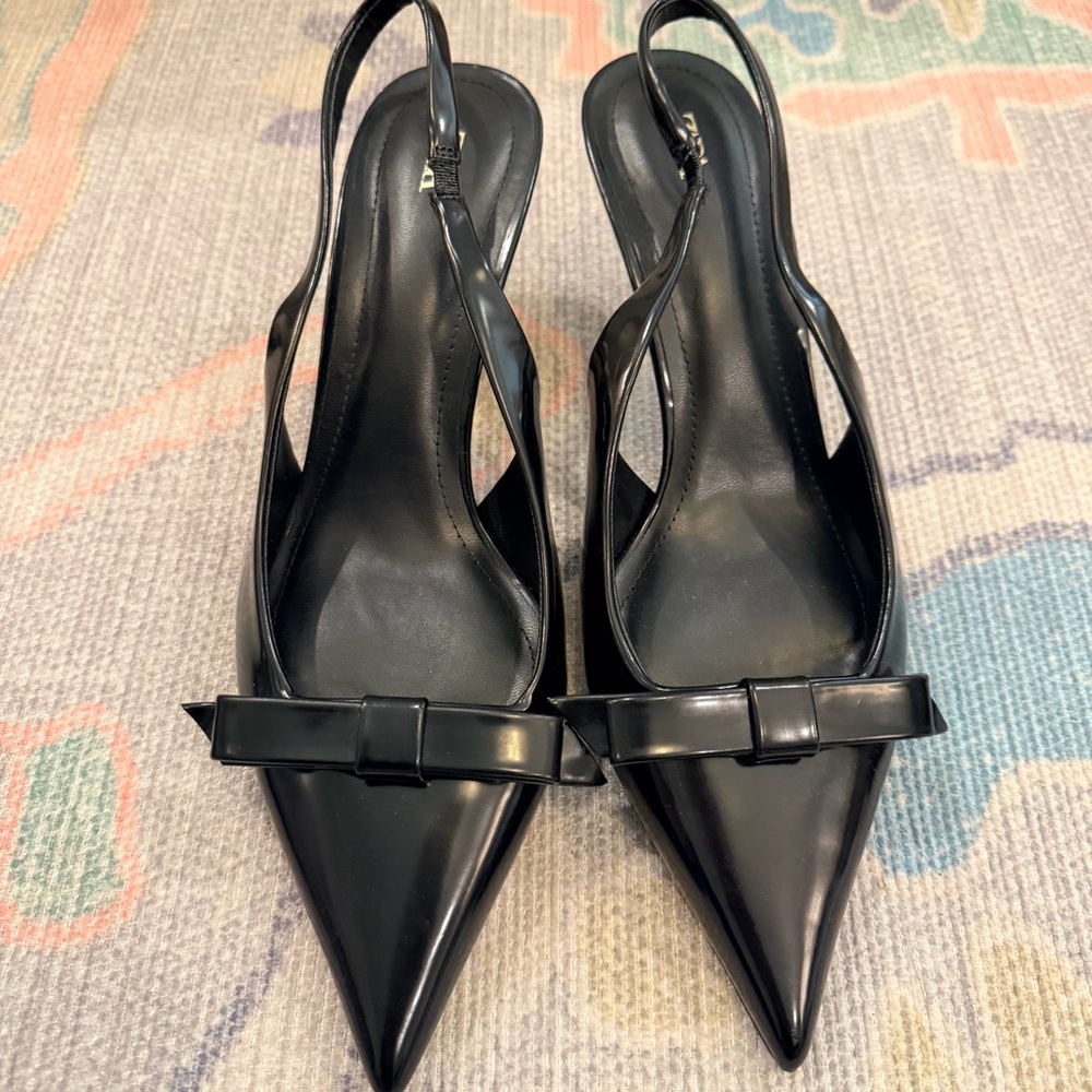 Zara Black Pointed Toe Slingback Heels with Front Bow